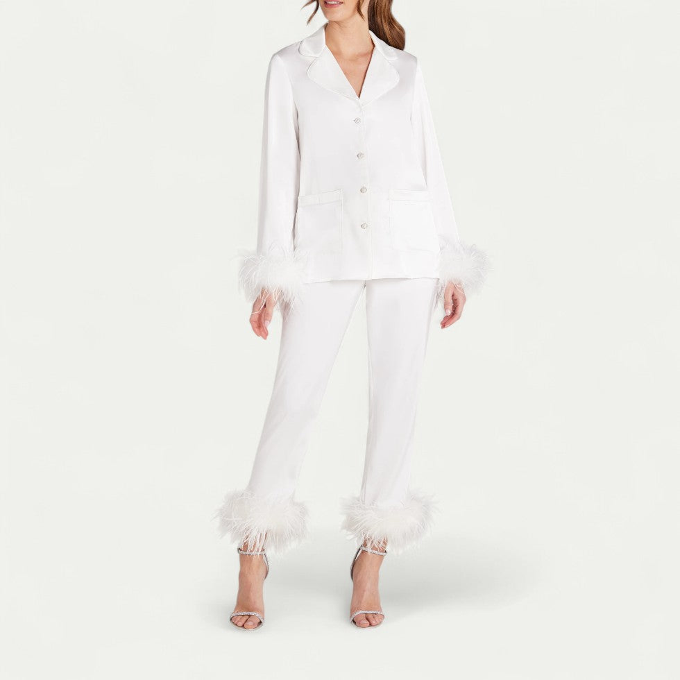 Feather Trim Satin Pyjama Set for Luxe Lounge Moments