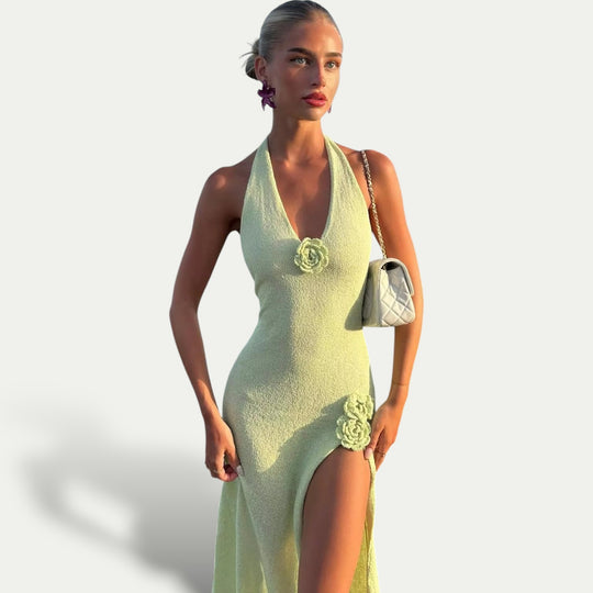 Women’s Sleeveless Backless Floral Knit Split Maxi Dress