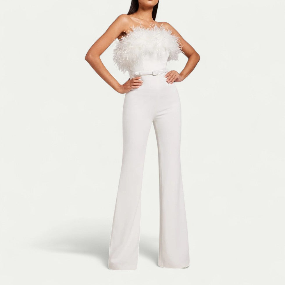 Feather Trim Bandeau Jumpsuit for Modern Evening Glamour
