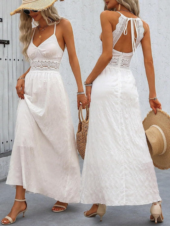 Lace Trim Cotton Blend Maxi Dress with Spaghetti Straps