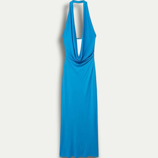 Womens Backless Halter Pleated Maxi Dress