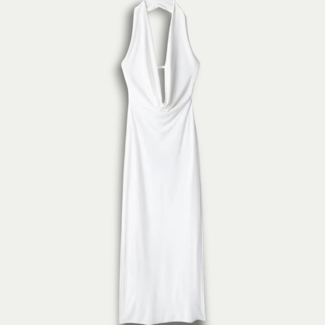 Womens Backless Halter Pleated Maxi Dress