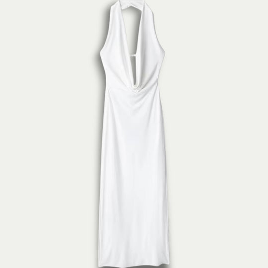 Womens Backless Halter Pleated Maxi Dress