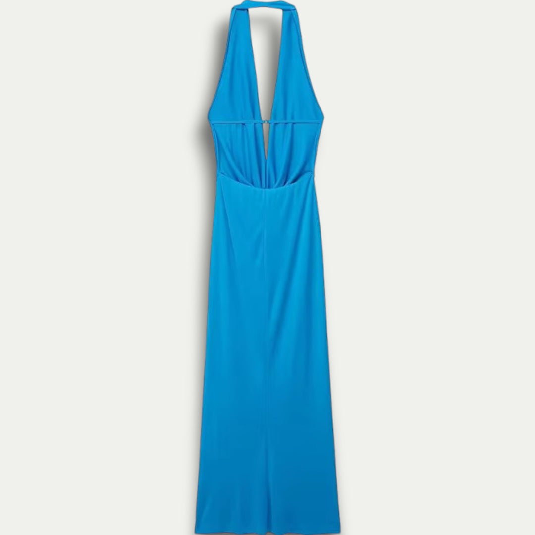 Womens Backless Halter Pleated Maxi Dress