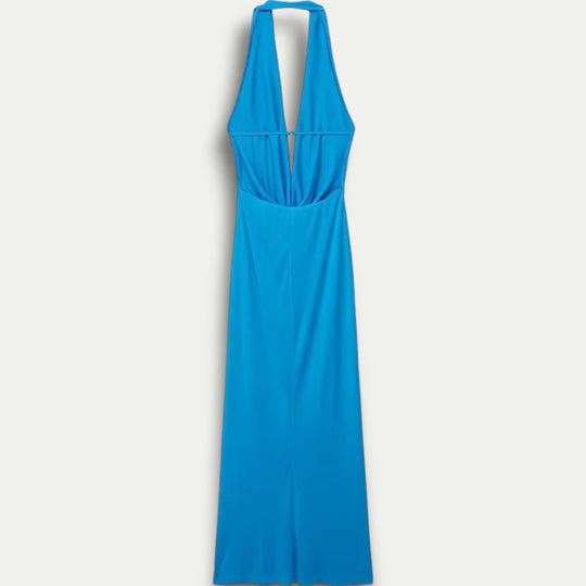 Womens Backless Halter Pleated Maxi Dress