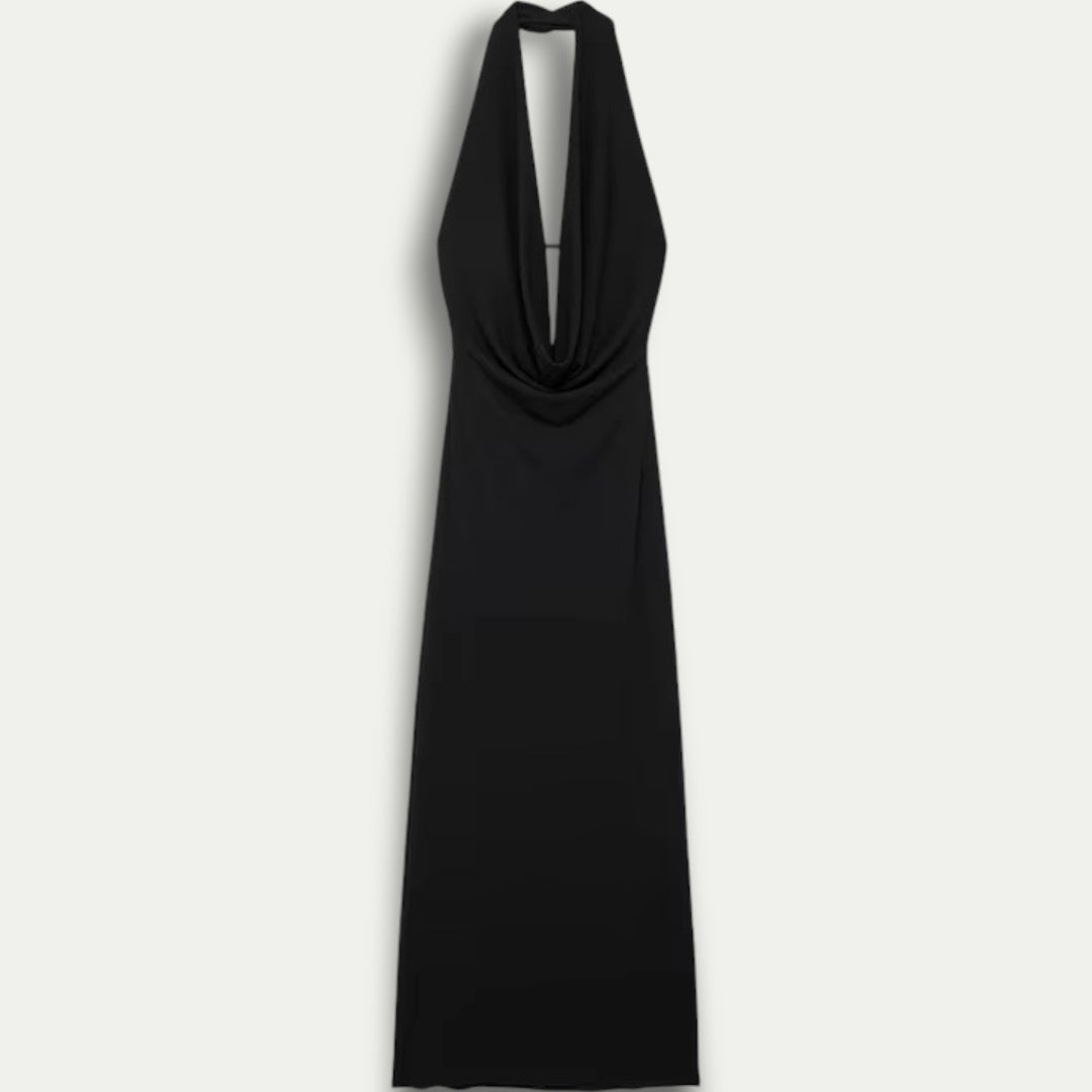 Womens Backless Halter Pleated Maxi Dress