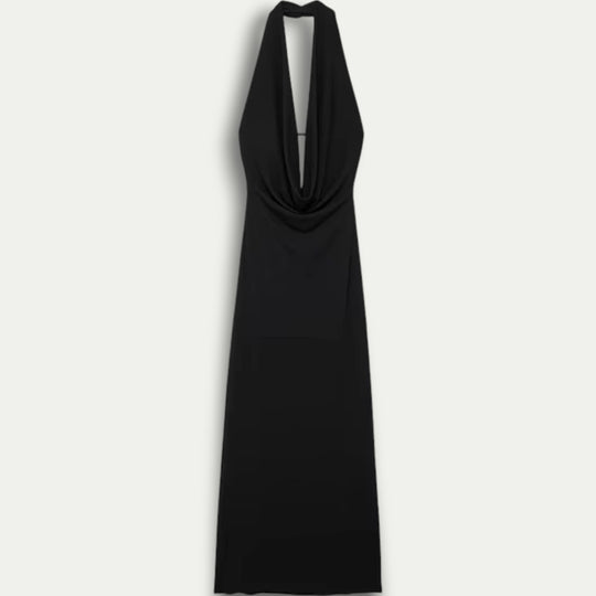 Womens Backless Halter Pleated Maxi Dress