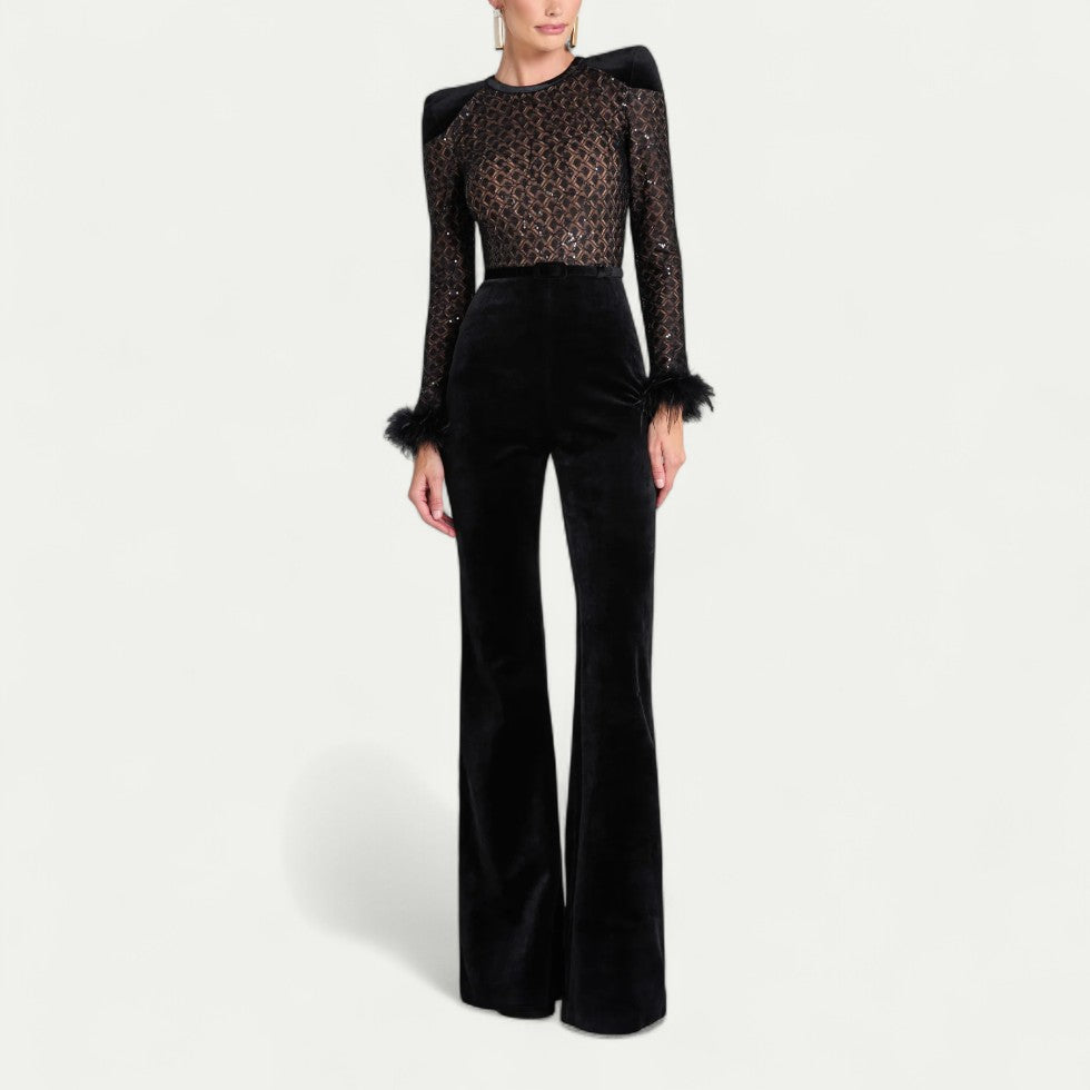 Flared Velvet Jumpsuit with Feather Cuff Detail