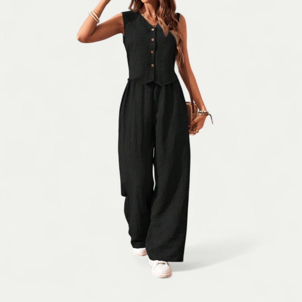 Sleeveless Cotton Blend Button Front Wide Leg Summer Jumpsuit