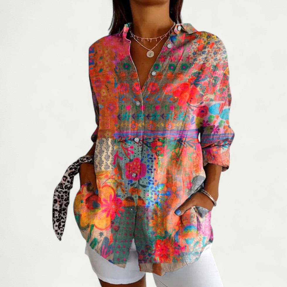 Linen Floral Print Button Up Shirt for Women