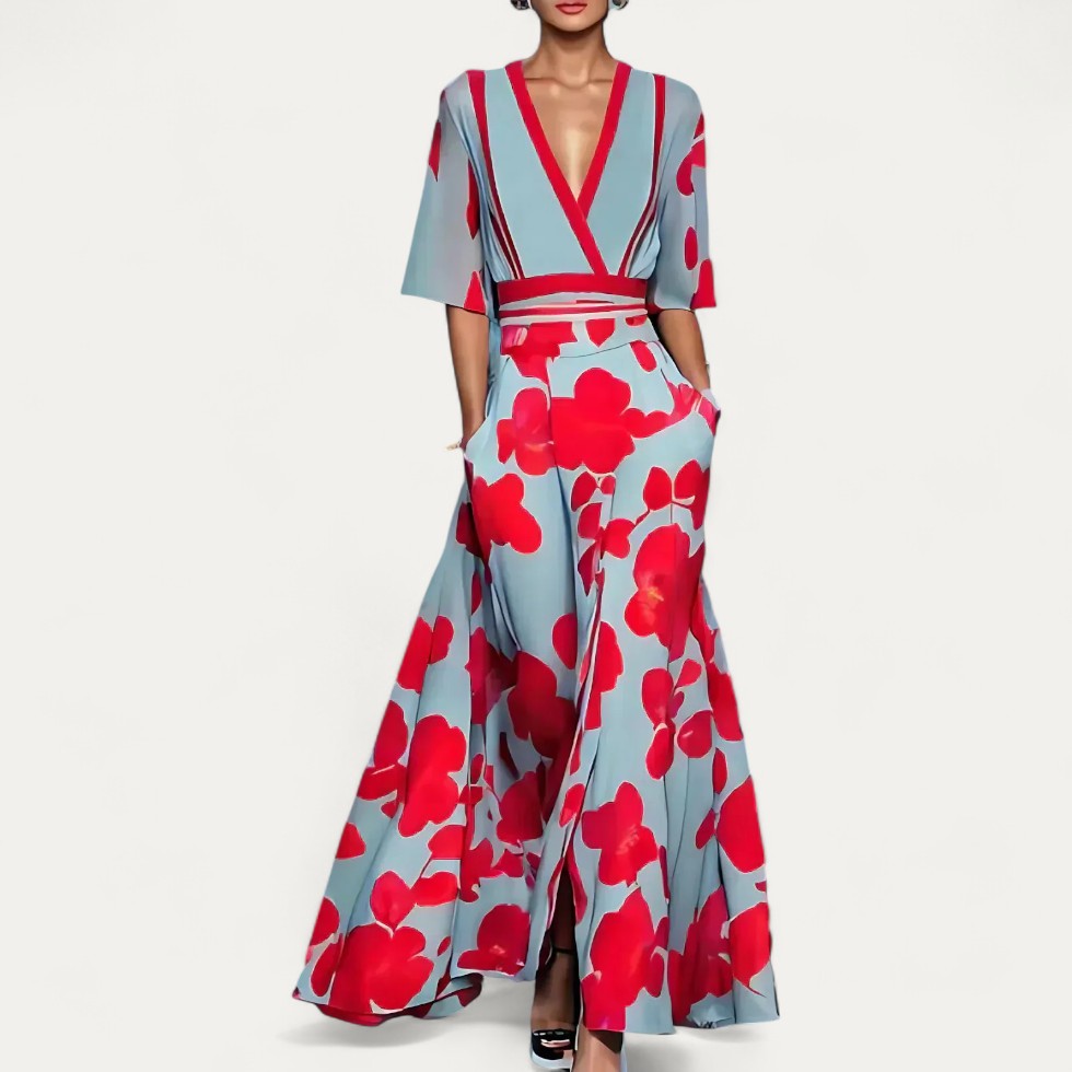 Elegant Floral Print V Neck Maxi Dress for Women