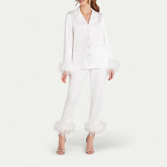 Feather Trim Satin Pyjama Set for Luxe Lounge Moments