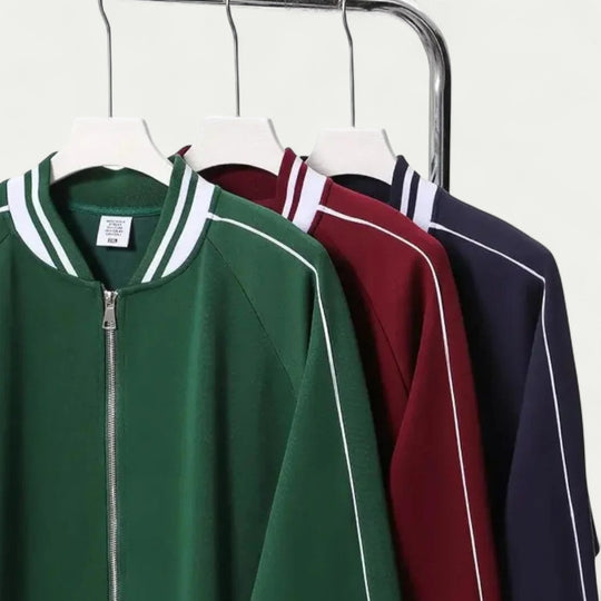 Cotton Blend Varsity Bomber Jacket with Striped Trim Detailing
