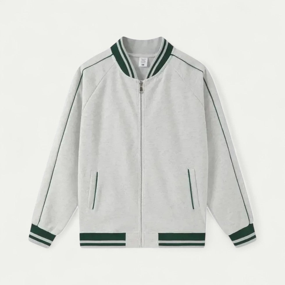 Cotton Blend Varsity Bomber Jacket with Striped Trim Detailing