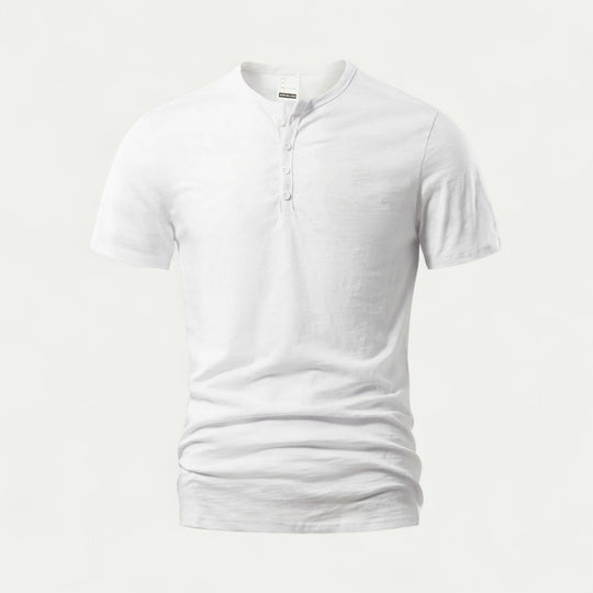 Men Short Sleeve Cotton T Shirt with Henry Neck for Summer