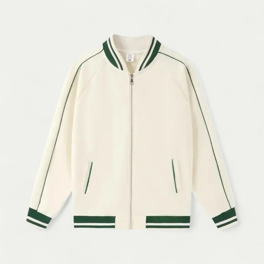 Cotton Blend Varsity Bomber Jacket with Striped Trim Detailing