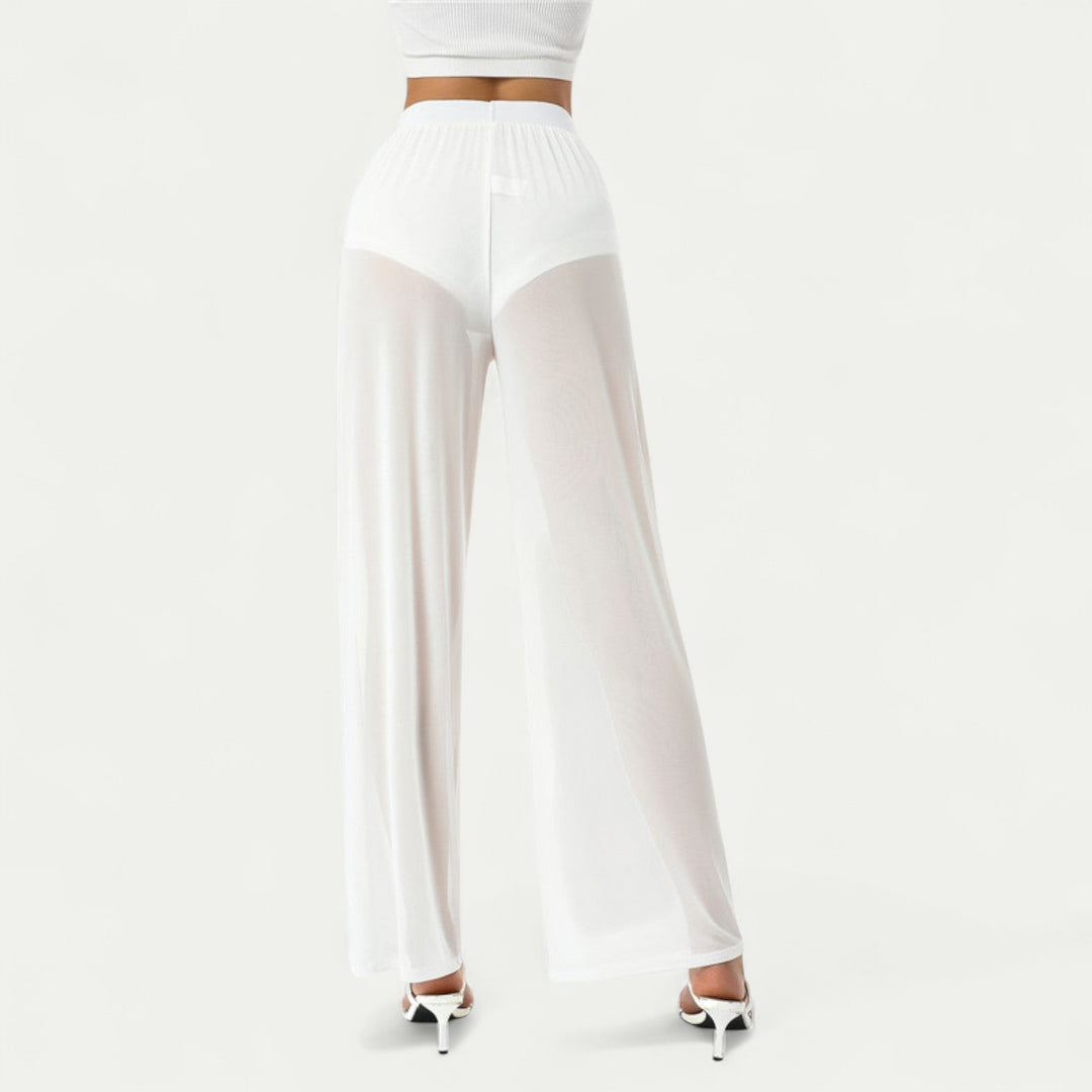 Women Mesh See Through Wide Leg Stretch Pants Black