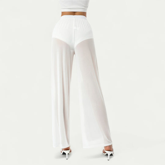 Women Mesh See Through Wide Leg Stretch Pants Black