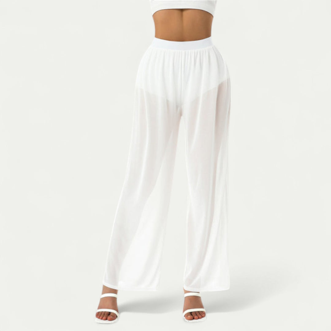 Women Mesh See Through Wide Leg Stretch Pants Black
