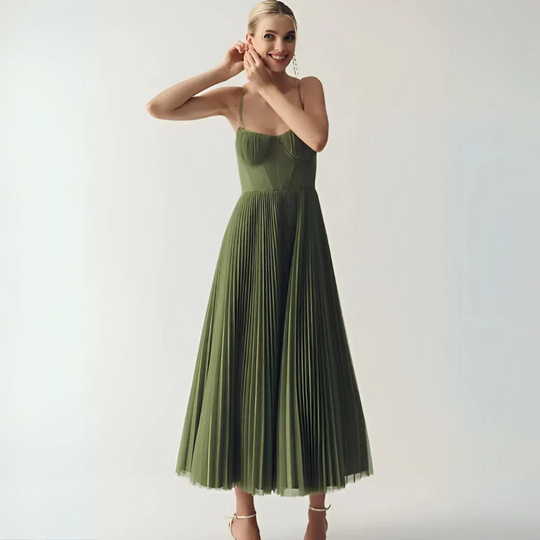 Pleated Tulle Corset Midi Dress for Elegant Evenings