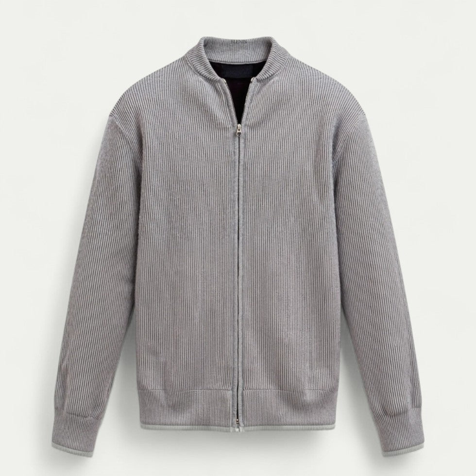 Ribbed Zip Through Cardigan in Soft Cotton Blend