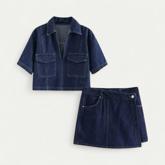 Cotton Blend Denim Co Ord Set with Zip Top and Mini Skirt