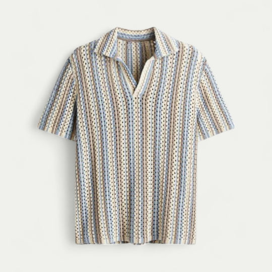 Cotton Blend Crochet Knit Shirt with Retro Stripe Detailing