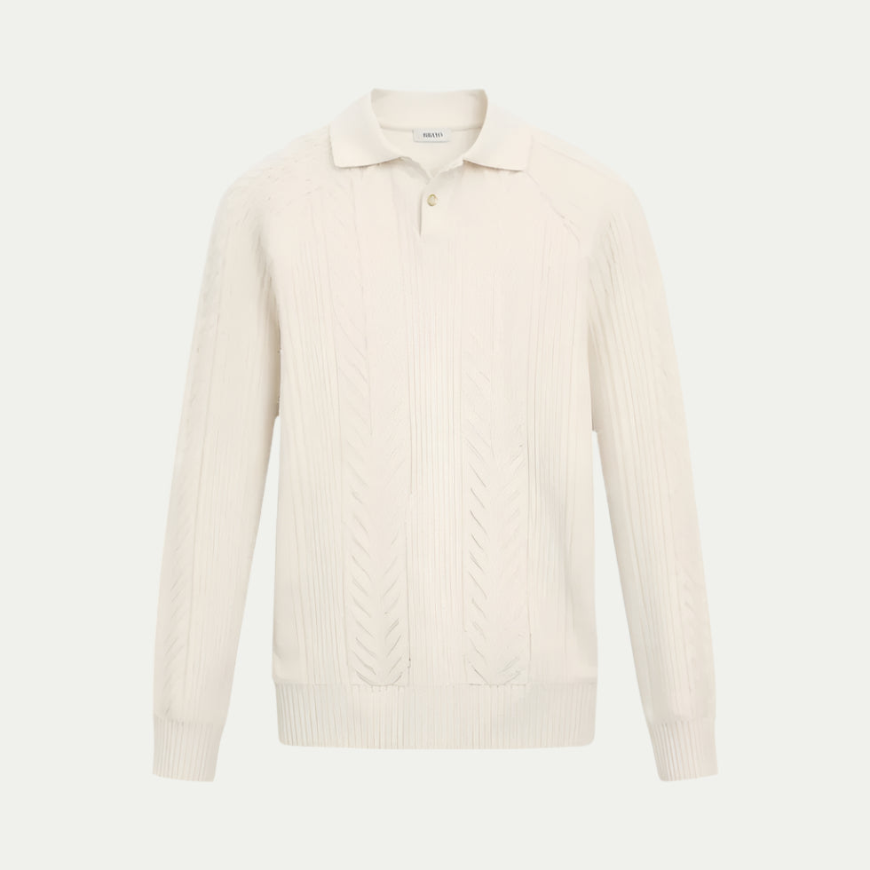 Cable Knit Long Sleeve Polo Shirt for Men Smart Casual Fit
