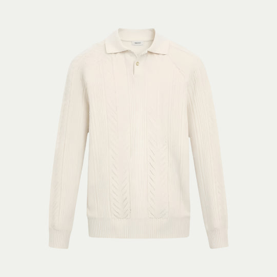 Cable Knit Long Sleeve Polo Shirt for Men Smart Casual Fit