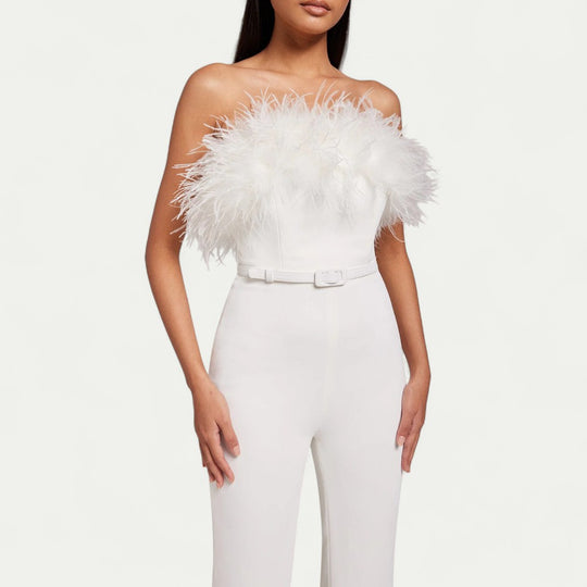 Feather Trim Bandeau Jumpsuit for Modern Evening Glamour