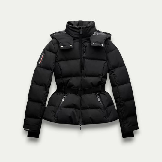 Randimo | Women's Insulated Black Belted Ski Coat with Faux Fur Trim