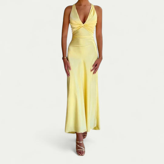 Satin Blend Twist Front Maxi Dress with Open Back Detail