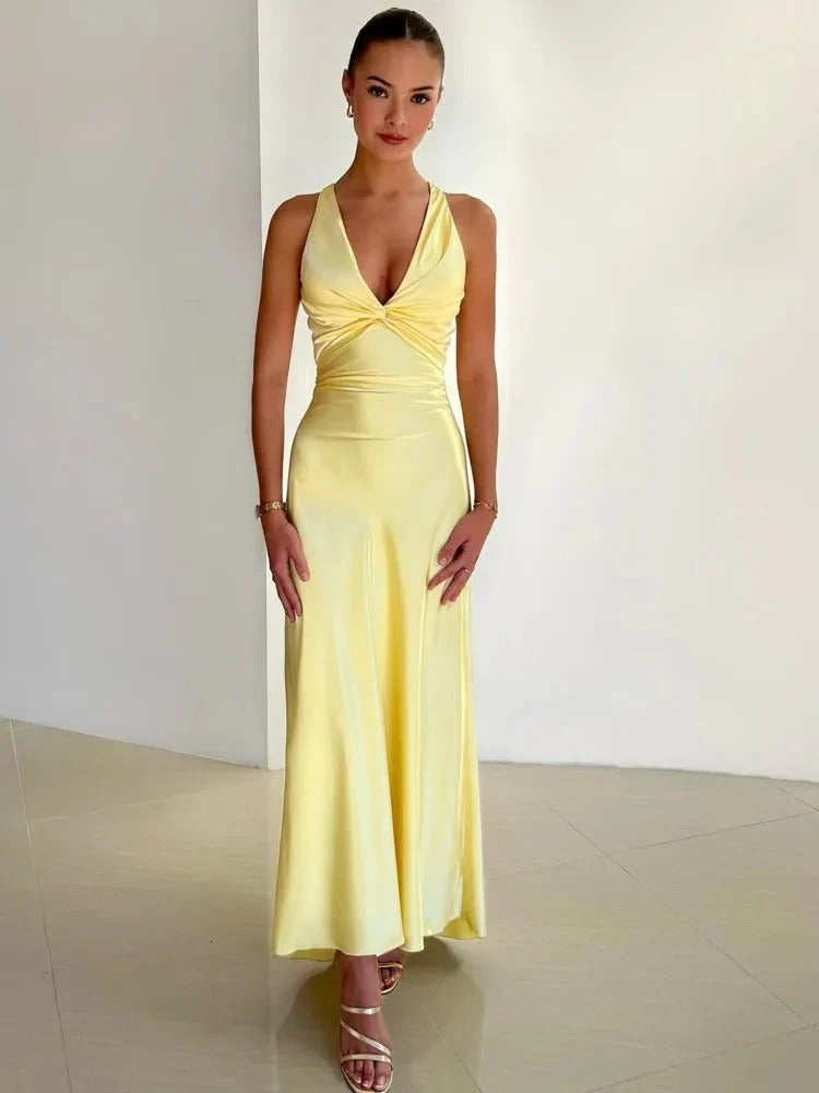 Satin Blend Twist Front Maxi Dress with Open Back Detail
