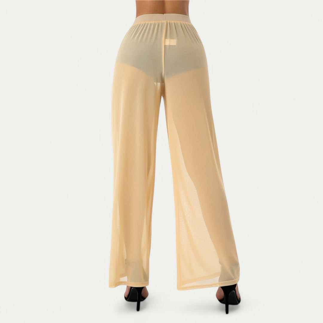 Women Mesh See Through Wide Leg Stretch Pants Black