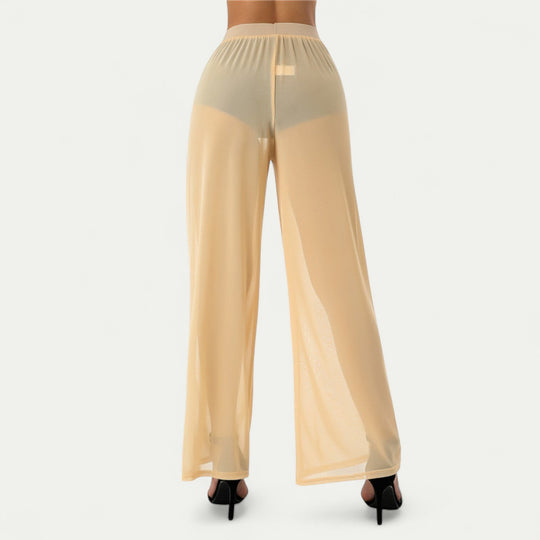 Women Mesh See Through Wide Leg Stretch Pants Black