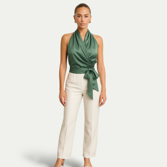 Women Halter Neck Sleeveless Adjustable Tie Waist Top