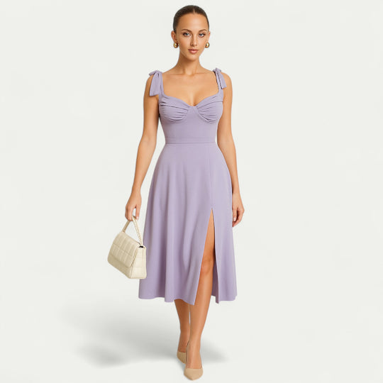 Women Ruched A Line Midi Dress with Side Slit