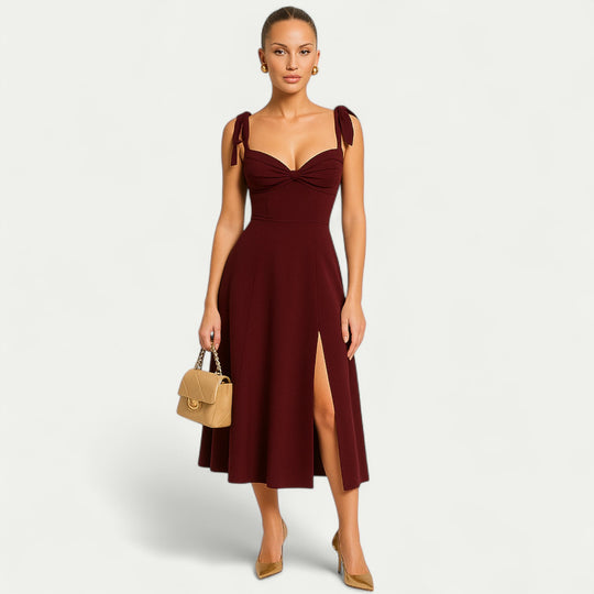 Women Ruched A Line Midi Dress with Side Slit