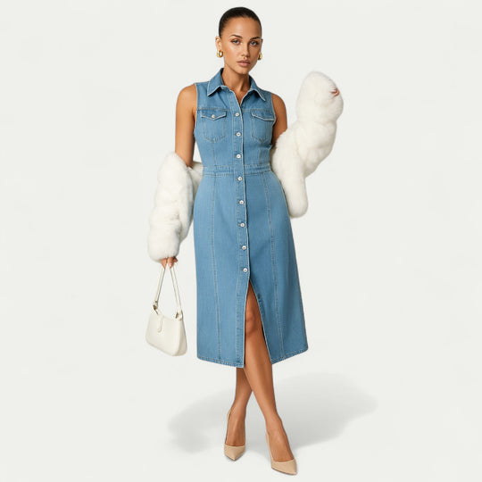 Women Denim Sleeveless Midi Slit Polo Dress