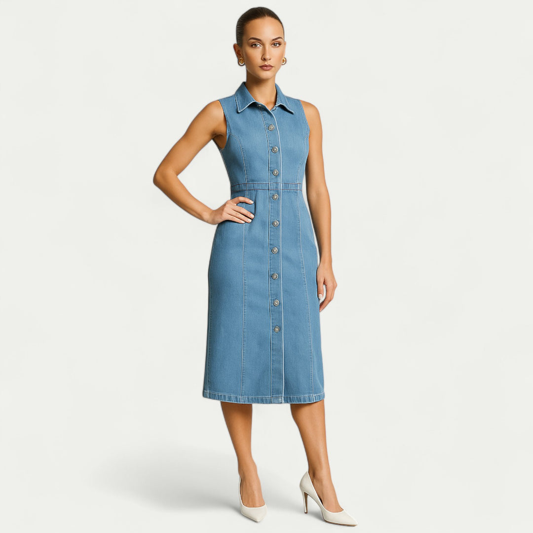 Women Denim Sleeveless Midi Slit Polo Dress