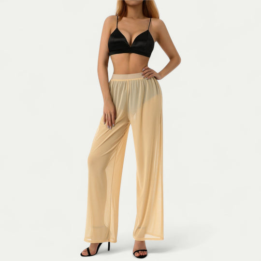 Women Mesh See Through Wide Leg Stretch Pants Black