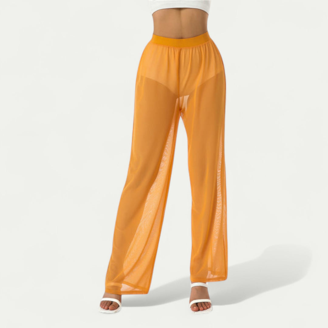 Women Mesh See Through Wide Leg Stretch Pants Black