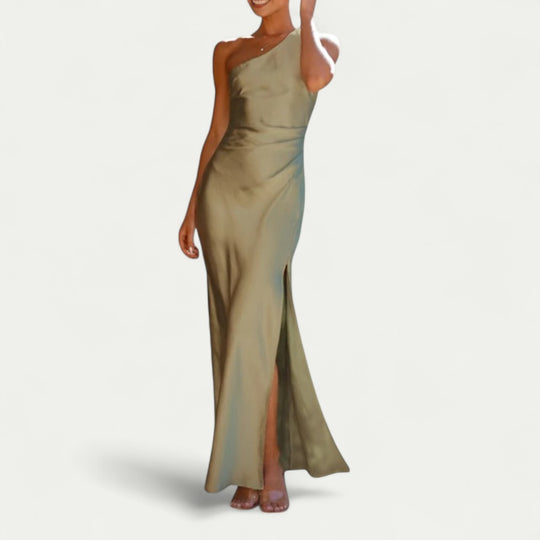 One Shoulder Satin Maxi Dress with Side Split