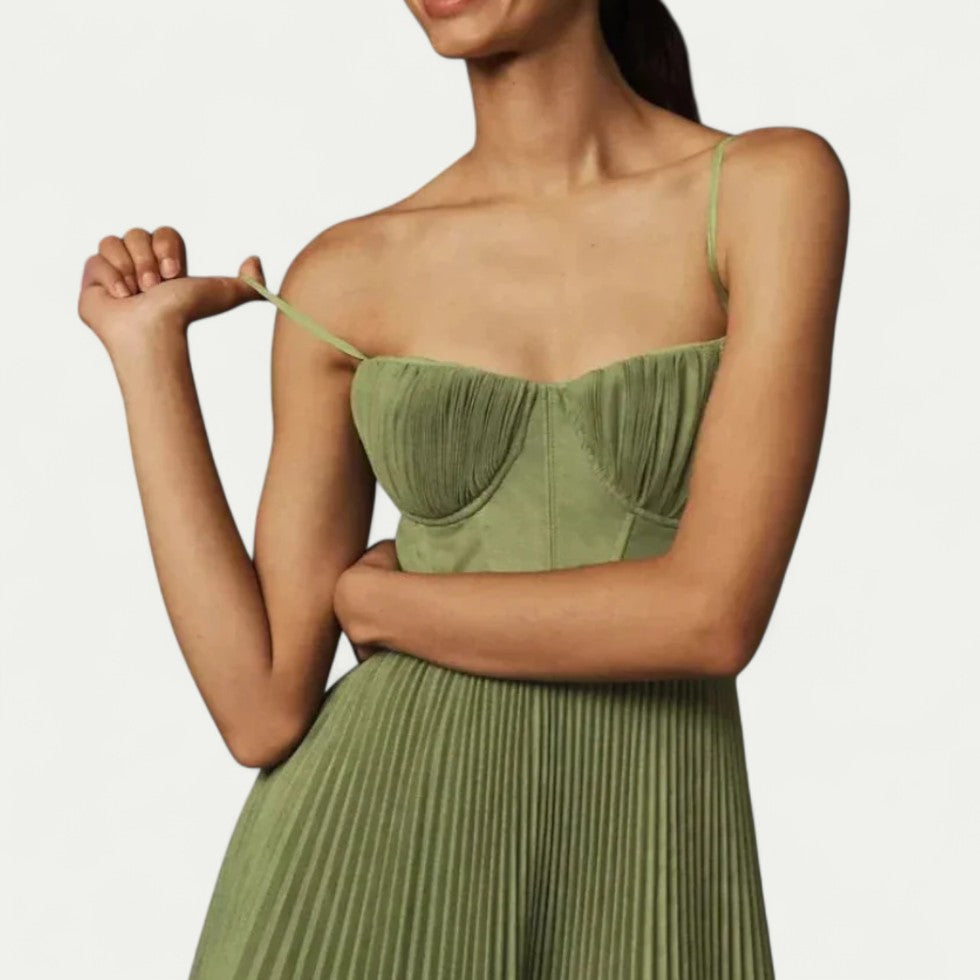 Pleated Tulle Corset Midi Dress for Elegant Evenings