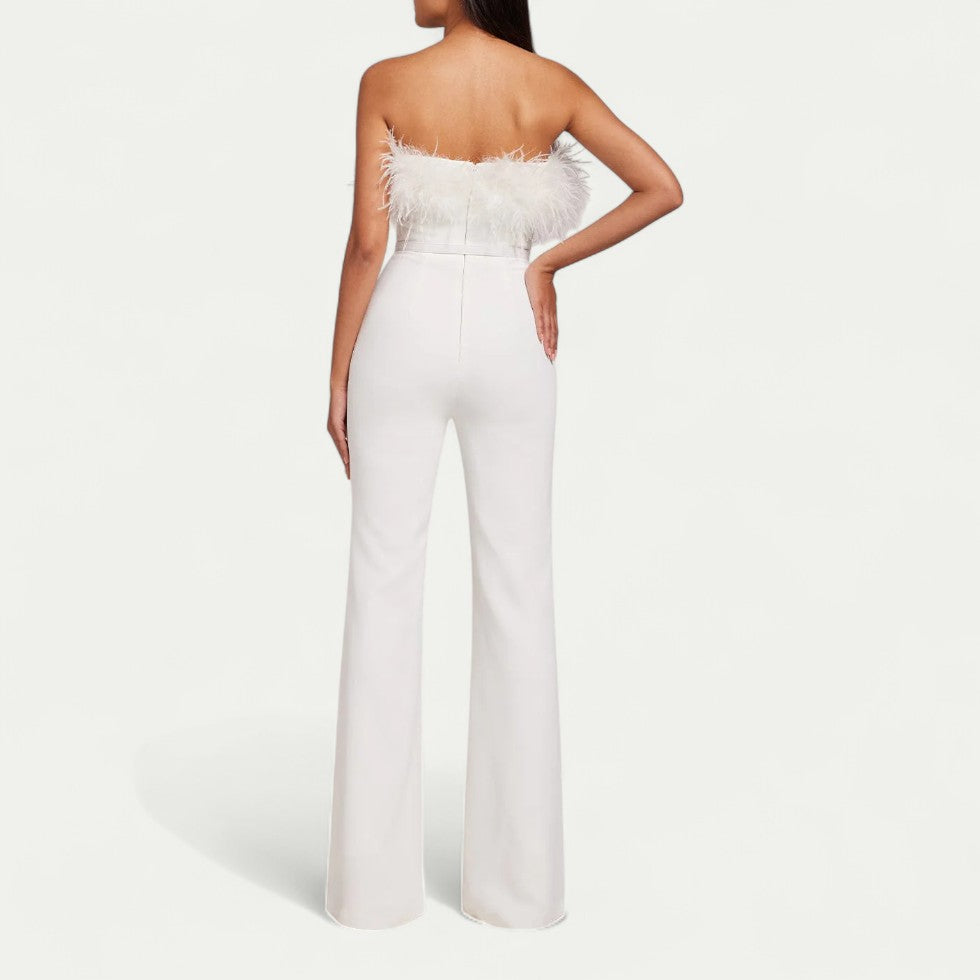 Feather Trim Bandeau Jumpsuit for Modern Evening Glamour