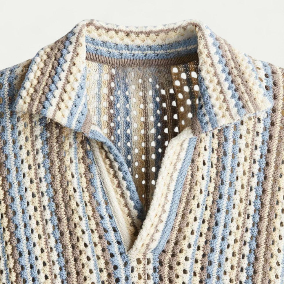 Cotton Blend Crochet Knit Shirt with Retro Stripe Detailing