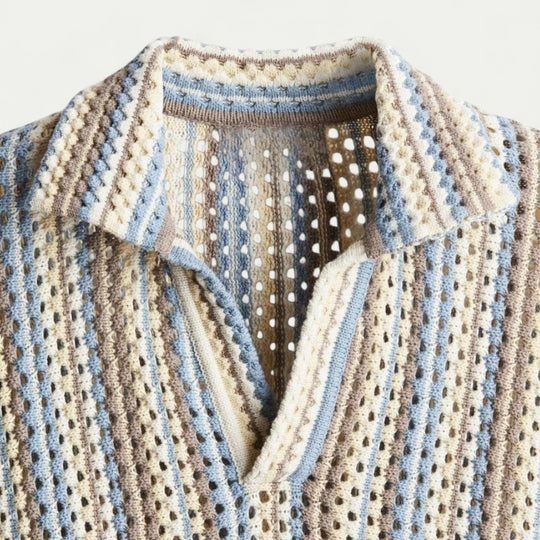 Cotton Blend Crochet Knit Shirt with Retro Stripe Detailing