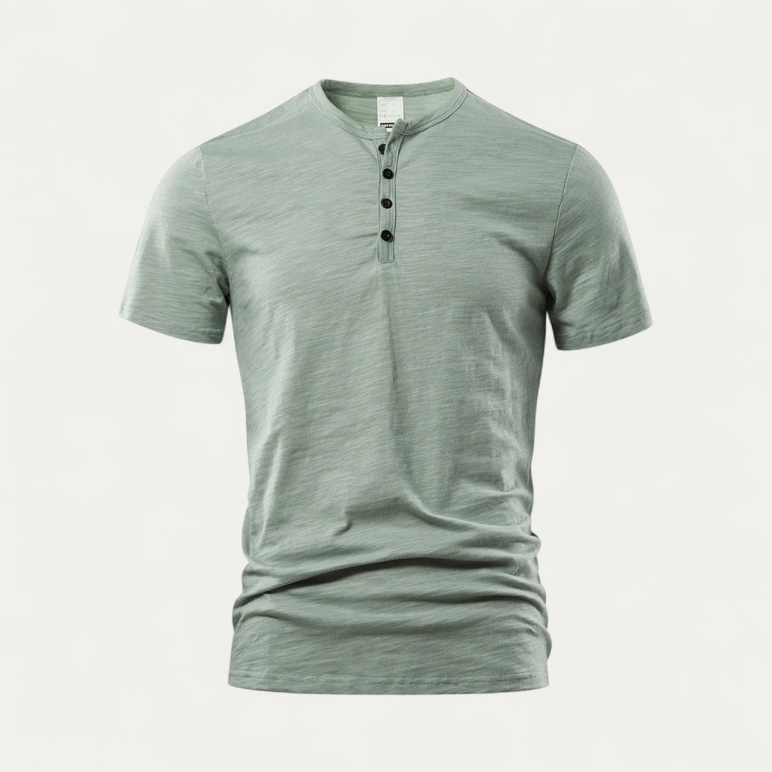 Men Short Sleeve Cotton T Shirt with Henry Neck for Summer