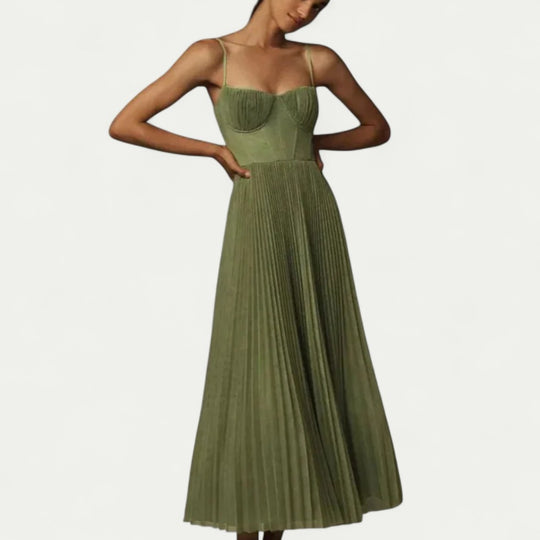 Pleated Tulle Corset Midi Dress for Elegant Evenings