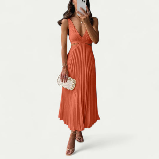 Women Stylish Pleated Satin Midi Dress